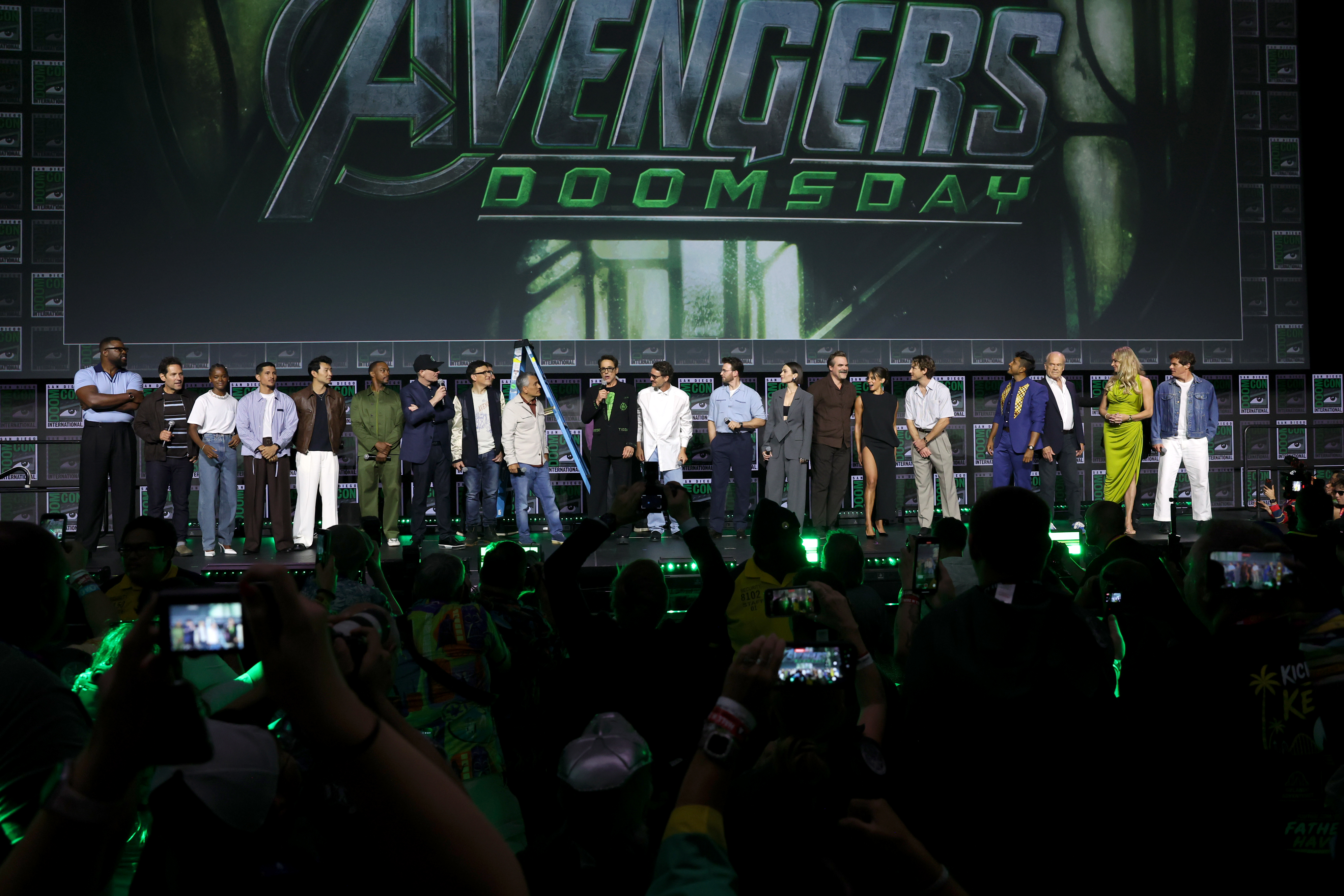 The cast of "Avengers: Doomsday" on stage during the Marvel Studios Panel at 2026 San Diego Comic-Con on July 25, 2026 | Source: Getty Images